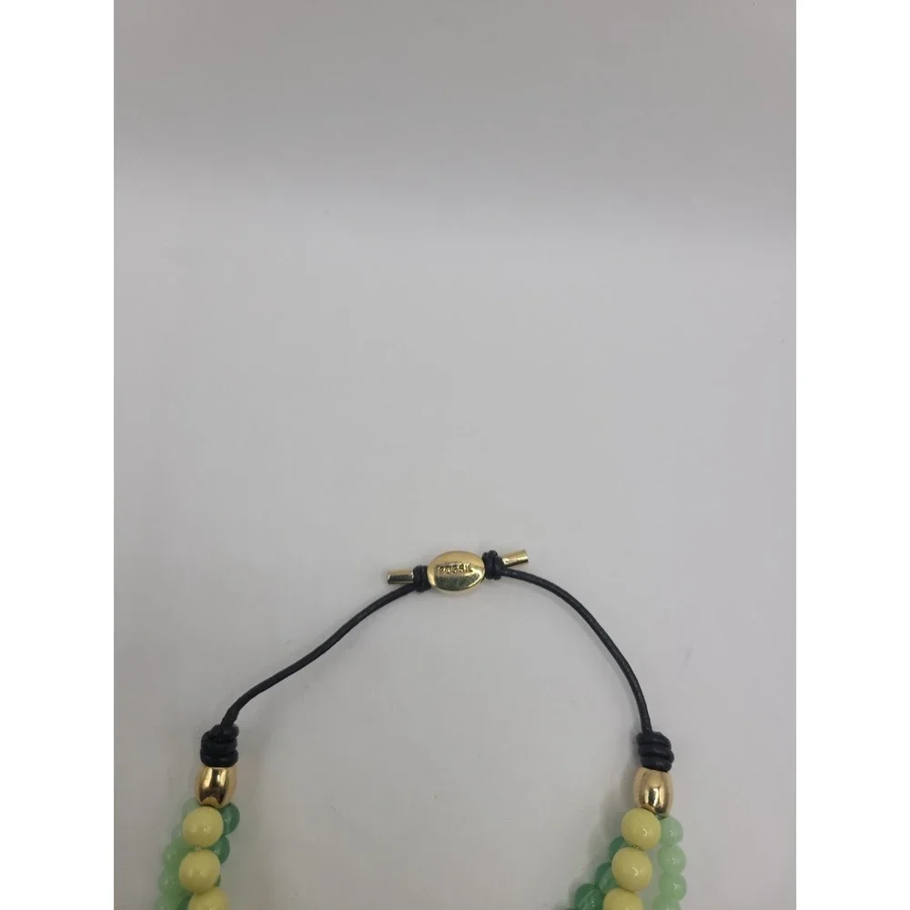 Fossil Green Yellow Multi Strand Beaded Bracelet Gold Tone Crystal Accent Slide
